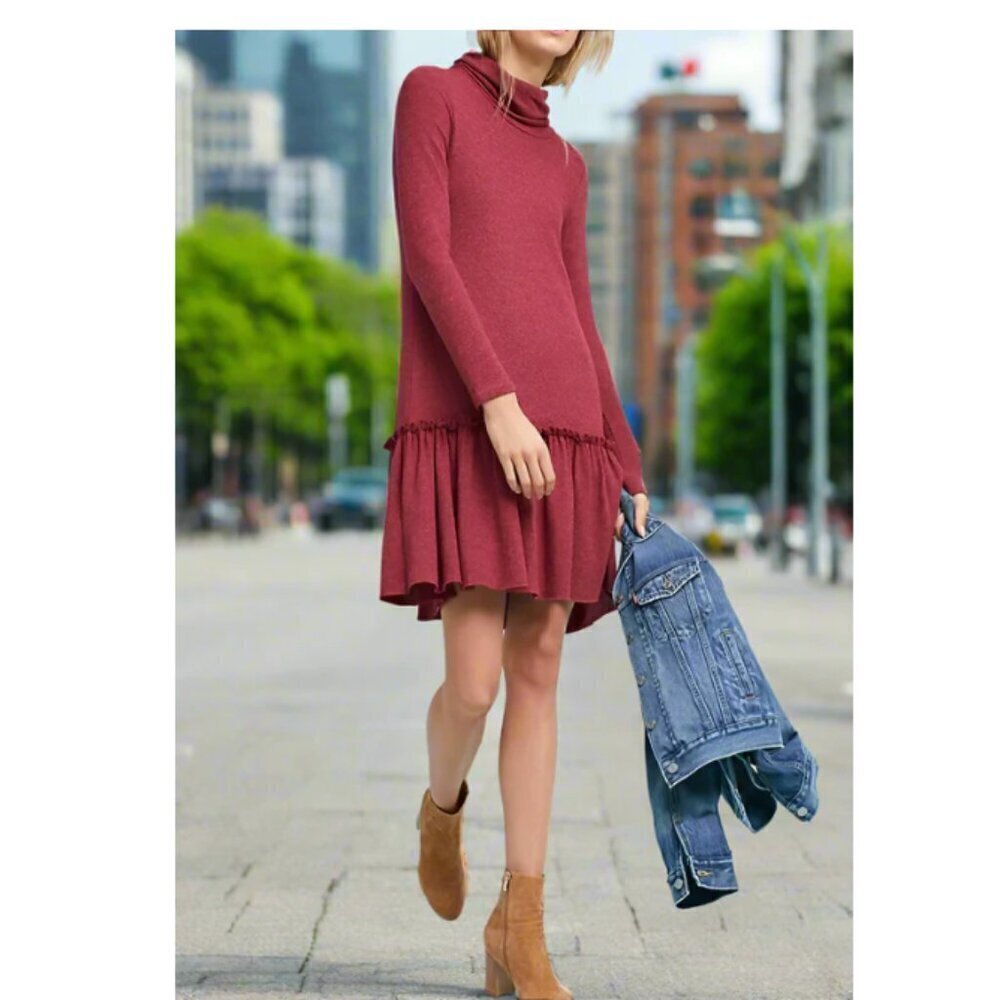 Anthropologie Tunic Sweater Dress Medium Red Turtleneck Drop-Waist Ruffle Hem